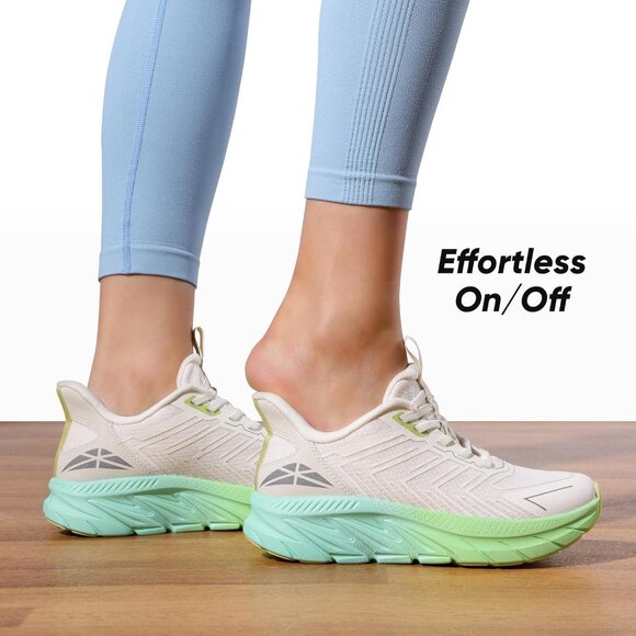 Women's Beige Green Walking Shoes Comfort Breathable Non-Slip Gym Sneaker - Picture 2 of 8